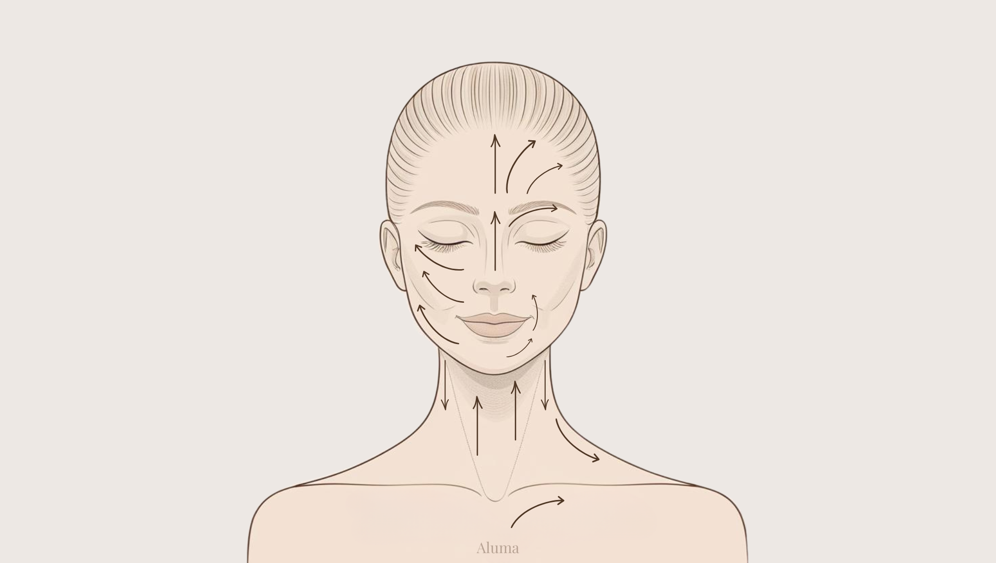 illustration af smuk kvinde med pile tegnet på, som viser den korrekte retning for anvendelse af Aluma Ori og Yin gua sha samt Lift face cupping.