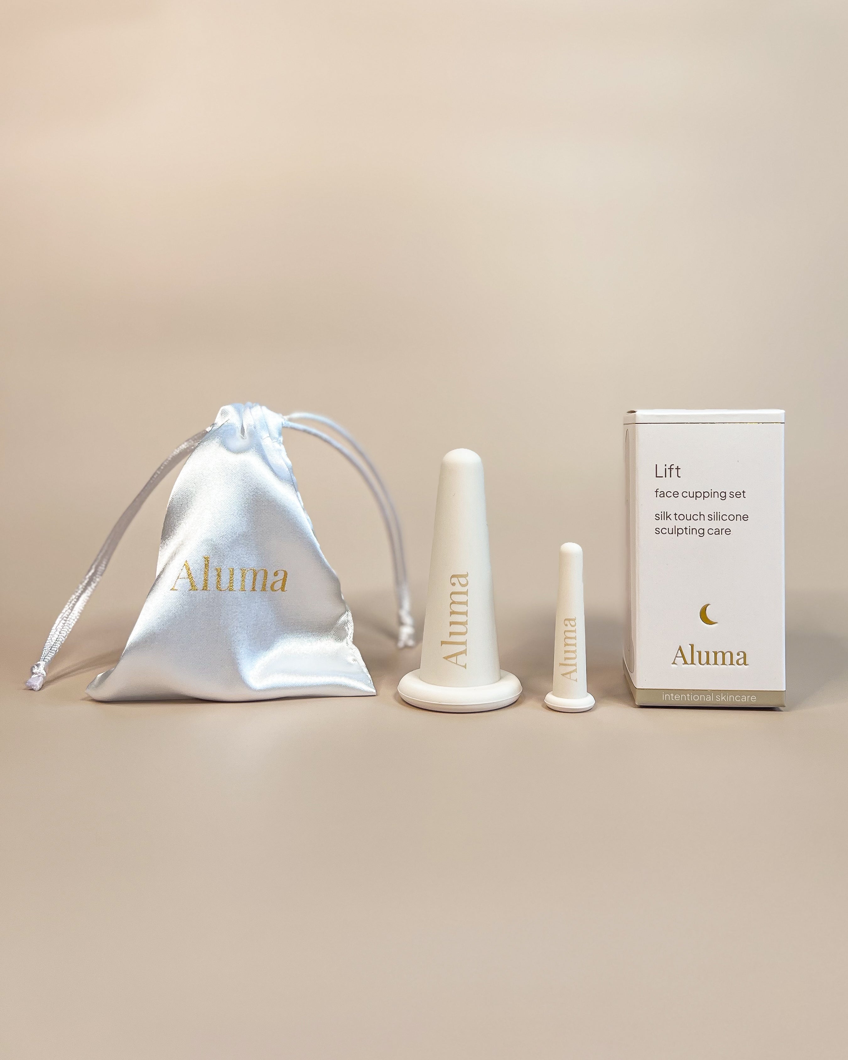 Aluma Lift face cupping sæt med silikonekopper, hvid satinpose og emballageæske, luksus ansigts cupping kit